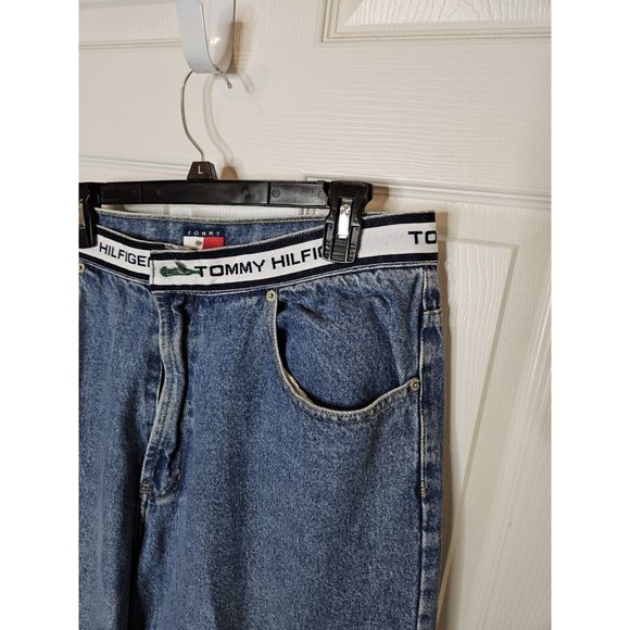 Vintage Tommy Hilfiger Jeans Mens 36x32 Blue Big Flag Straight Y2K Pants Baggy - Picture 7 of 12